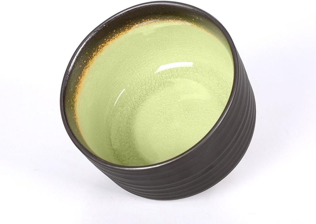 Matcha-Set 4-teilig, bestehend aus 2 Matchaschalen anthrazit/grün mit Craquelé-Muster, Matchalöffel