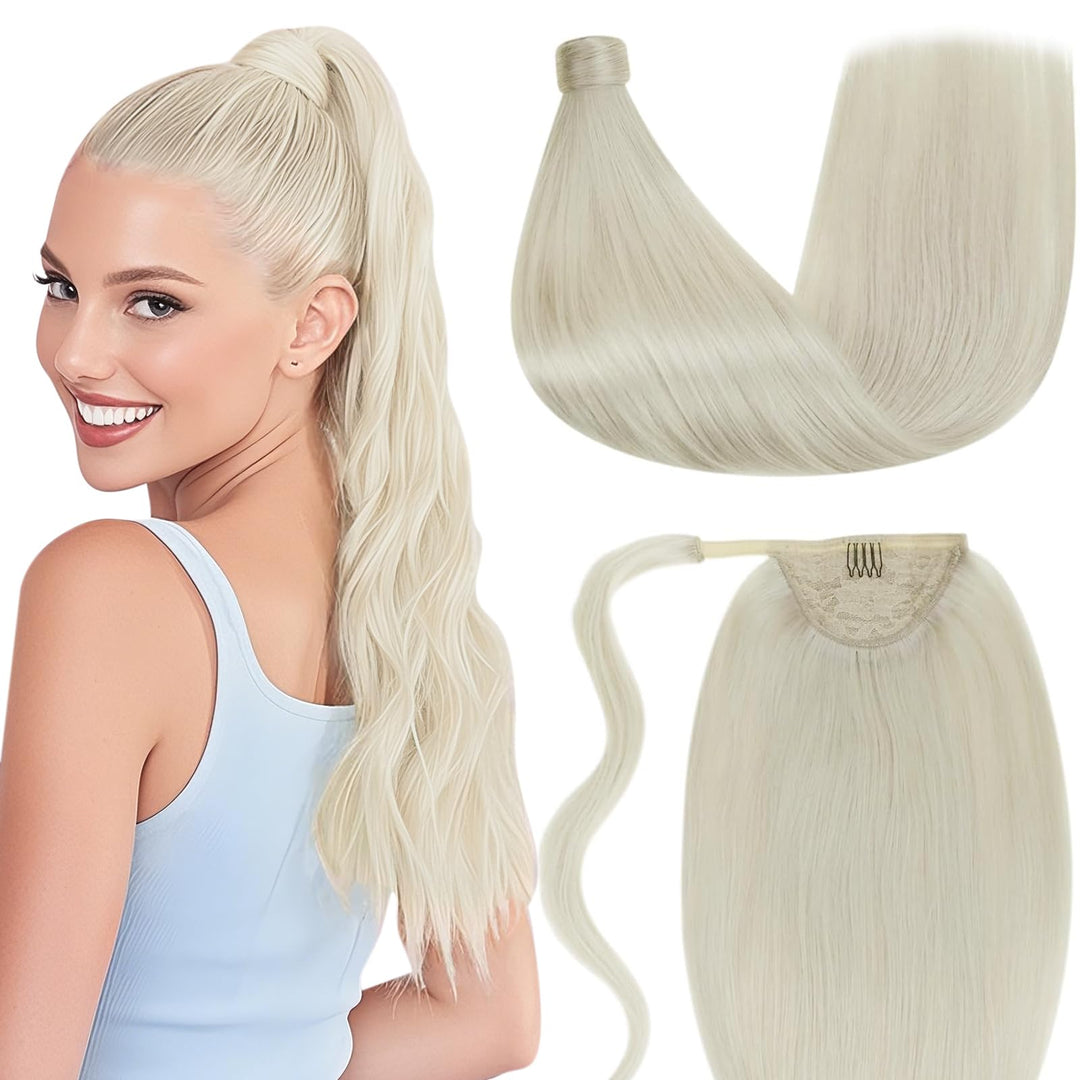 LaaVoo Ponytail Extensions Echthaar Blond 30cm Zopf Haarverlängerung Remy Human Hair Glatt #60 Plati