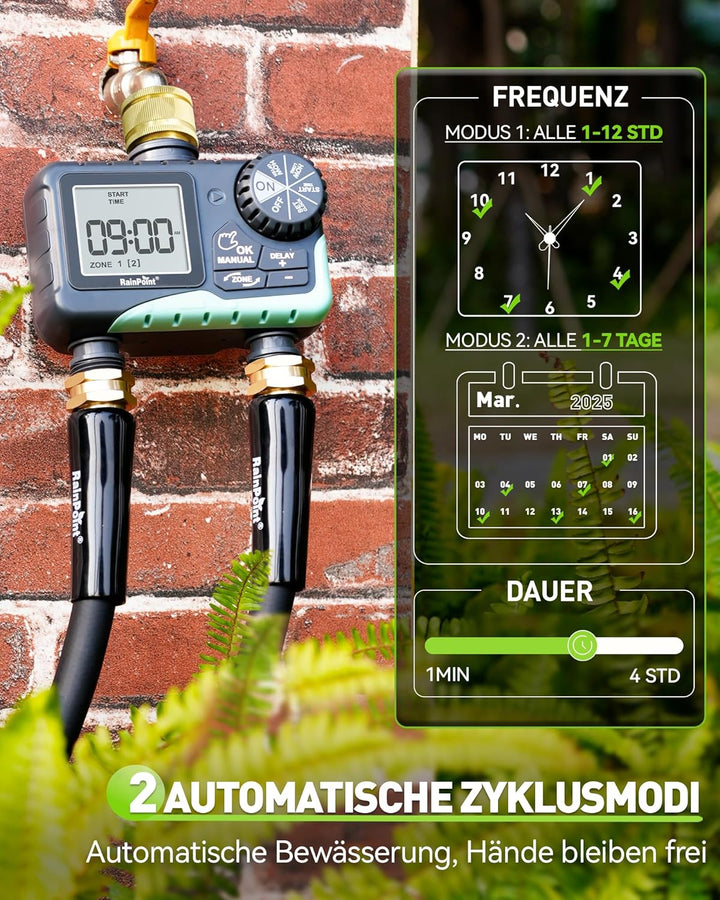 RAINPOINT Bewässerungscomputer 2 ausgängen mit Messing-Drehgelenk Regenverzögerung/manuelle/automati