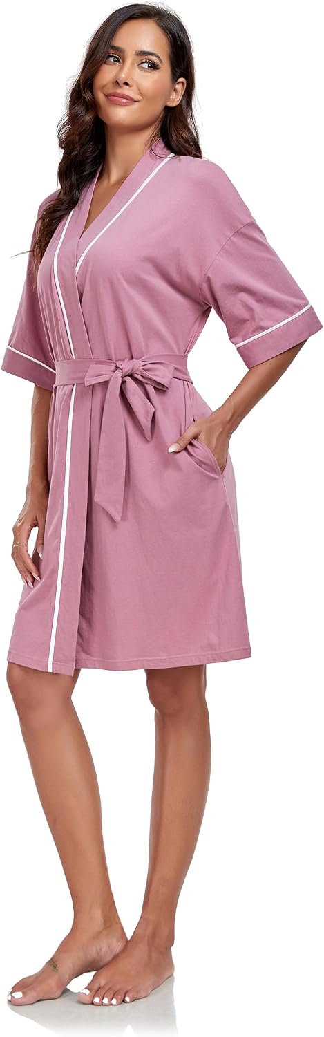 COLORFULLEAF 100% Baumwolle Bademantel Damen Kurz Morgenmantel Leicht Knielang Kimono Saunamantel Na