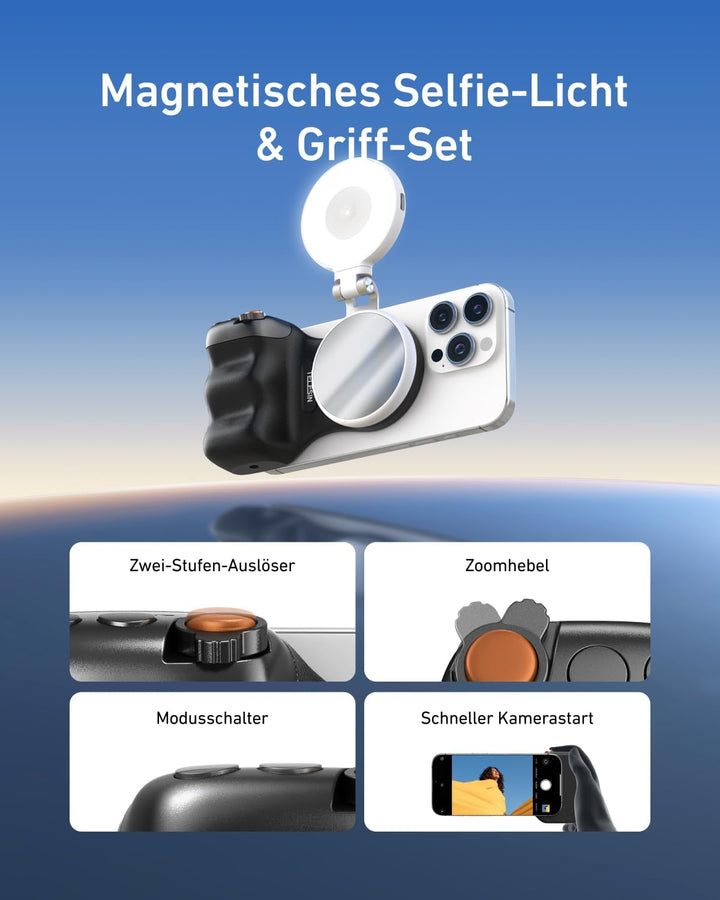 TELESIN Fun Shot Magnetischer Handy-Kameragriff (Schwarz) + C03 Magnetisches Selfie-Licht (Weiss) Se