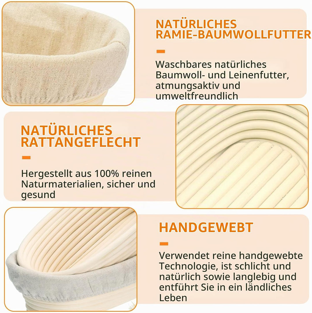 2 Stück Oval Gärkörbchen Set mit Leinenstoff Einlage, 25 x 15 x 8cm Brotbacken Gärkorb, Natürlichem