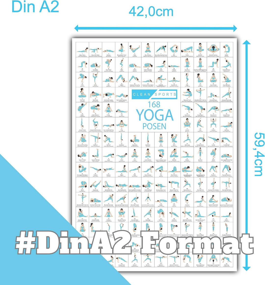 CLEAN SPORTS® Yoga Poster DIN A2 168 Posen und Asanas, Zubehör für Yoga-Studios und Zuhause, perfekt