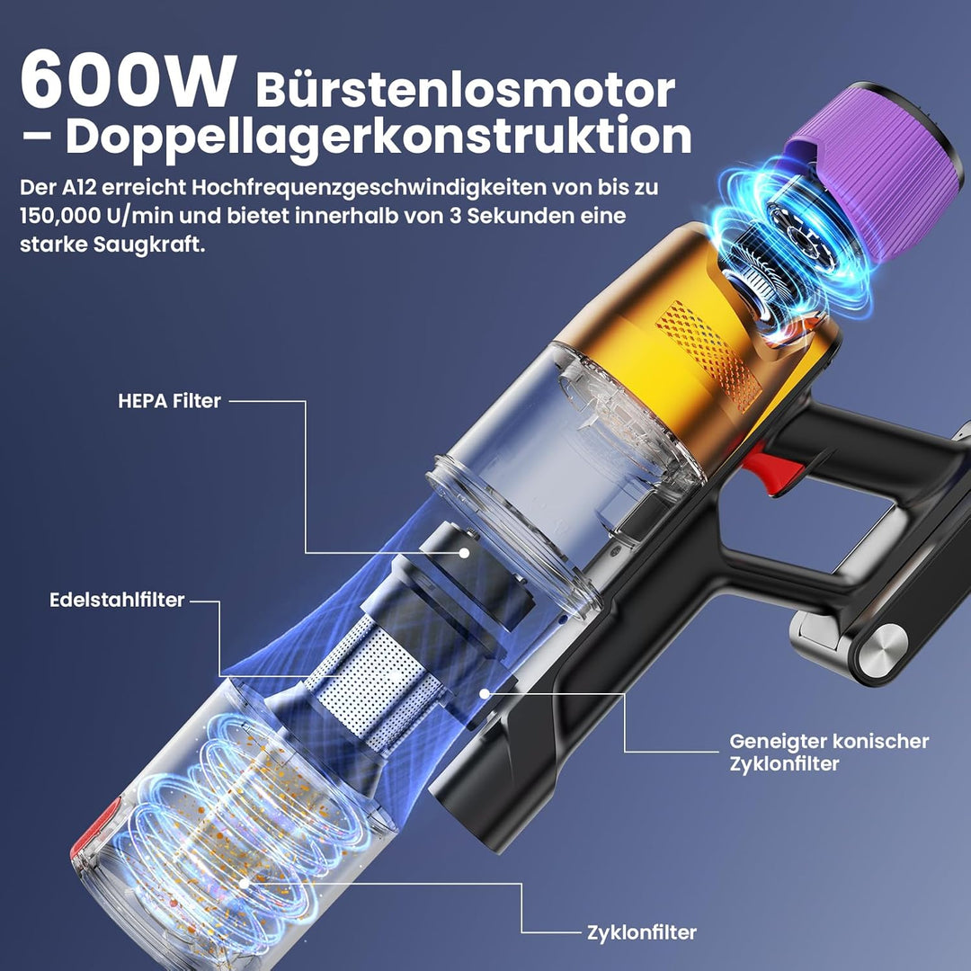 A12 Akku Staubsauger mit Wassertank, 50Kpa/600W/70Min/8-in-1, Kabelloser Staubsauger mit LED Touchsc