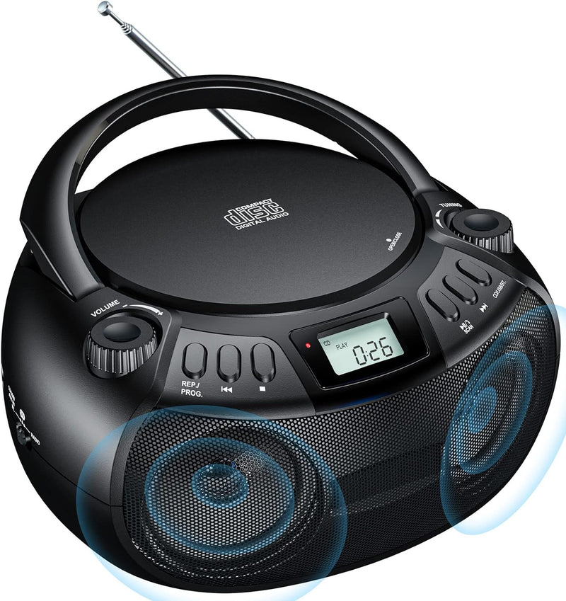 Gueray Tragbarer CD Player Boombox mit Bluetooth, UKW Radio AM Radio, Stereo-Lautsprecher, USB & AUX