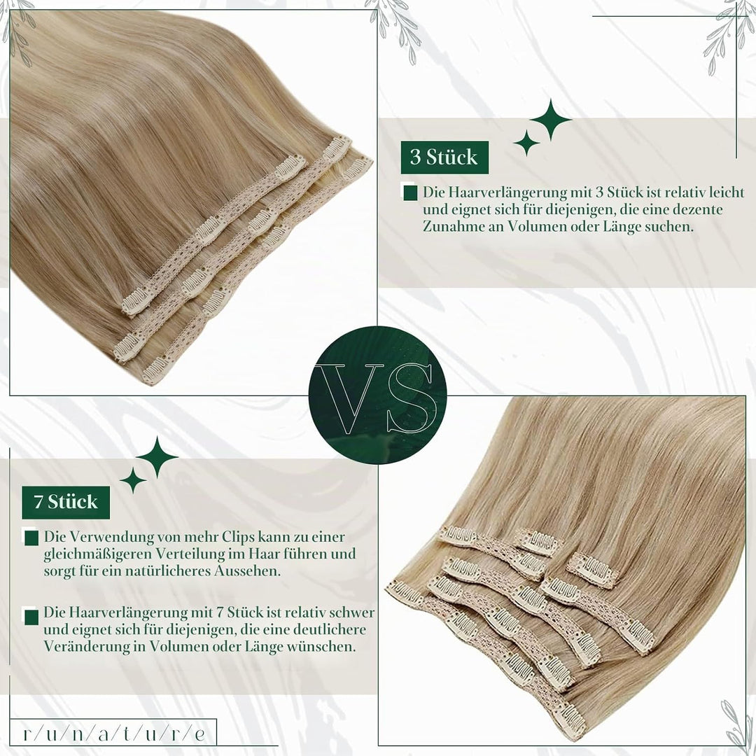 RUNATURE Clip in Extensions Echthaar Dunkel Aschblond mit Goldblond Clip in Haarextension Echthaar C