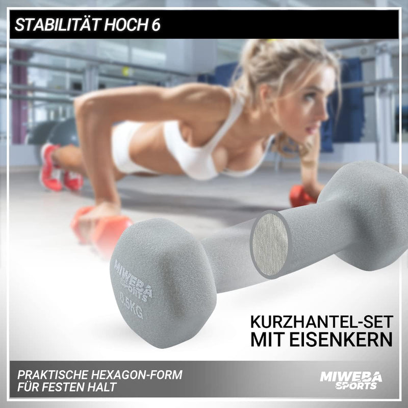 Miweba Sports Neopren Hantelset NKH100 | 𝐏𝐫𝐨𝐟𝐢 Hanteln - 0.5-10.0 Kg - Hexagon Hanteln Set - Kurzhan