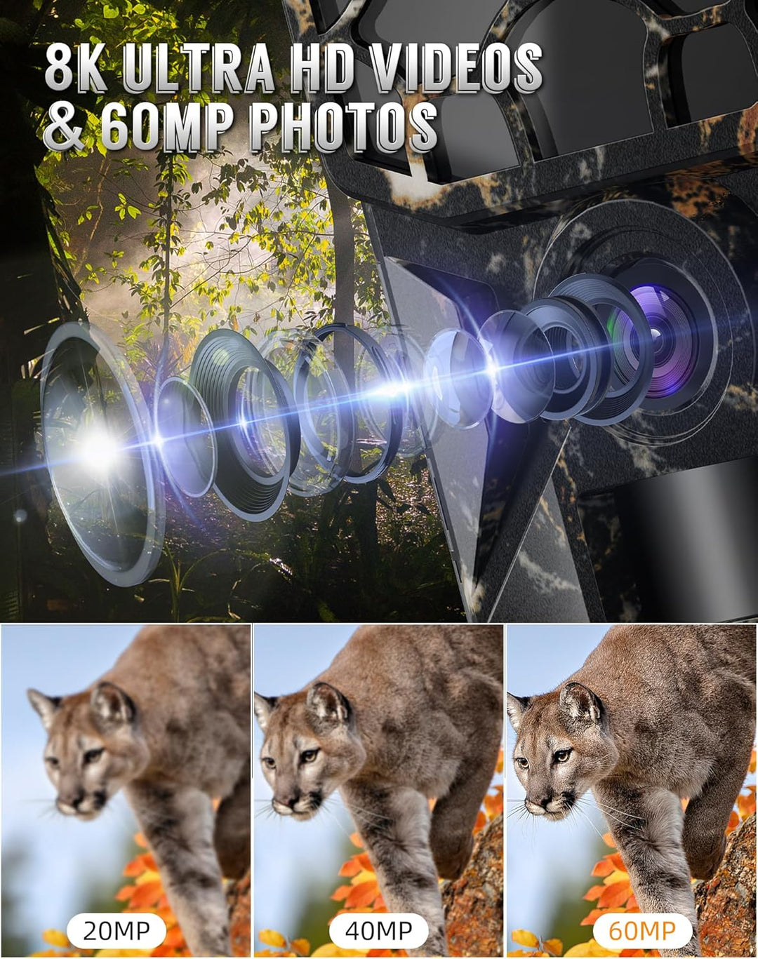 Wildkamera, 8K 60MP Solar Wildkamera mit Handyübertragung App, 7800mAh Akku, Bewegungsmelder 0,1s Au