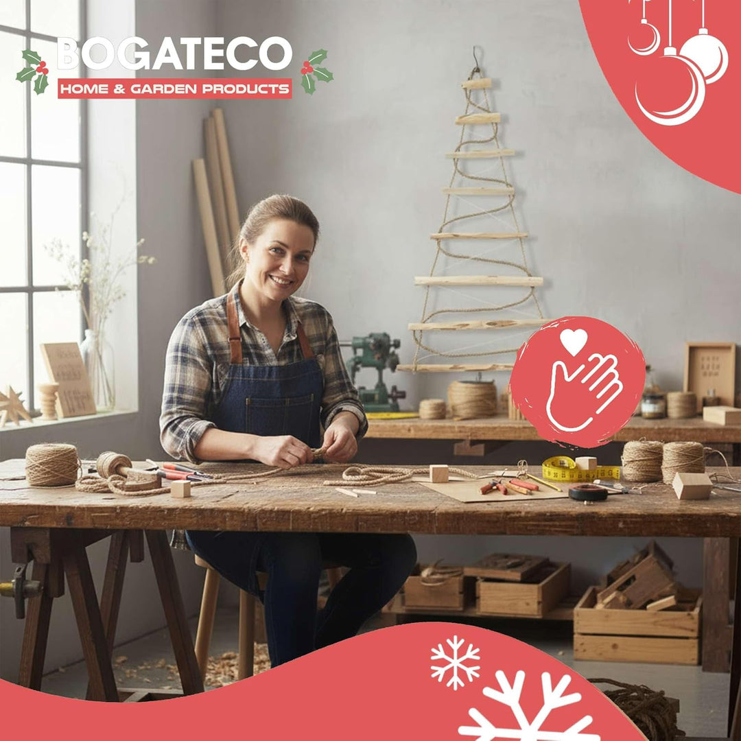 BOGATECO Handgemacht Weihnachtsbaum 95 cm hoch, aus Haselnussholz | Deko Anhänger | mit 200 cm LED-L