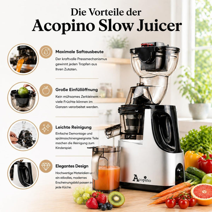 Acopino Delikato Entsafter – Slow Juicer mit leiser Technologie, schonende Saftherstellung für Obst