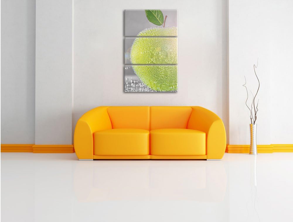 Pixxprint Grüner saftiger Apfel mit Wasserperlen 3-Teiler Leinwandbild 120x80 Bild auf Leinwand
