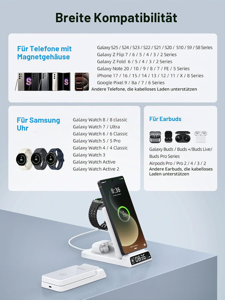 Drahtloses Ladegerät für Samsung Ladestation mit Uhr für Samsung Galaxy S25 Ultra/S24/Z Fold 6/Flip