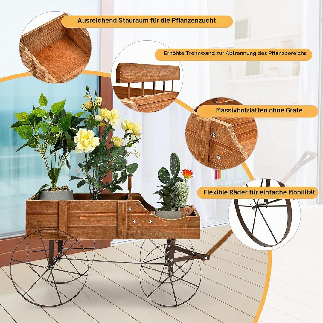 RELAX4LIFE Blumenständer mit 4 Rädern aus Metall, Pflanzwagen aus Massivholz, Holzwagen bis zu 15 kg
