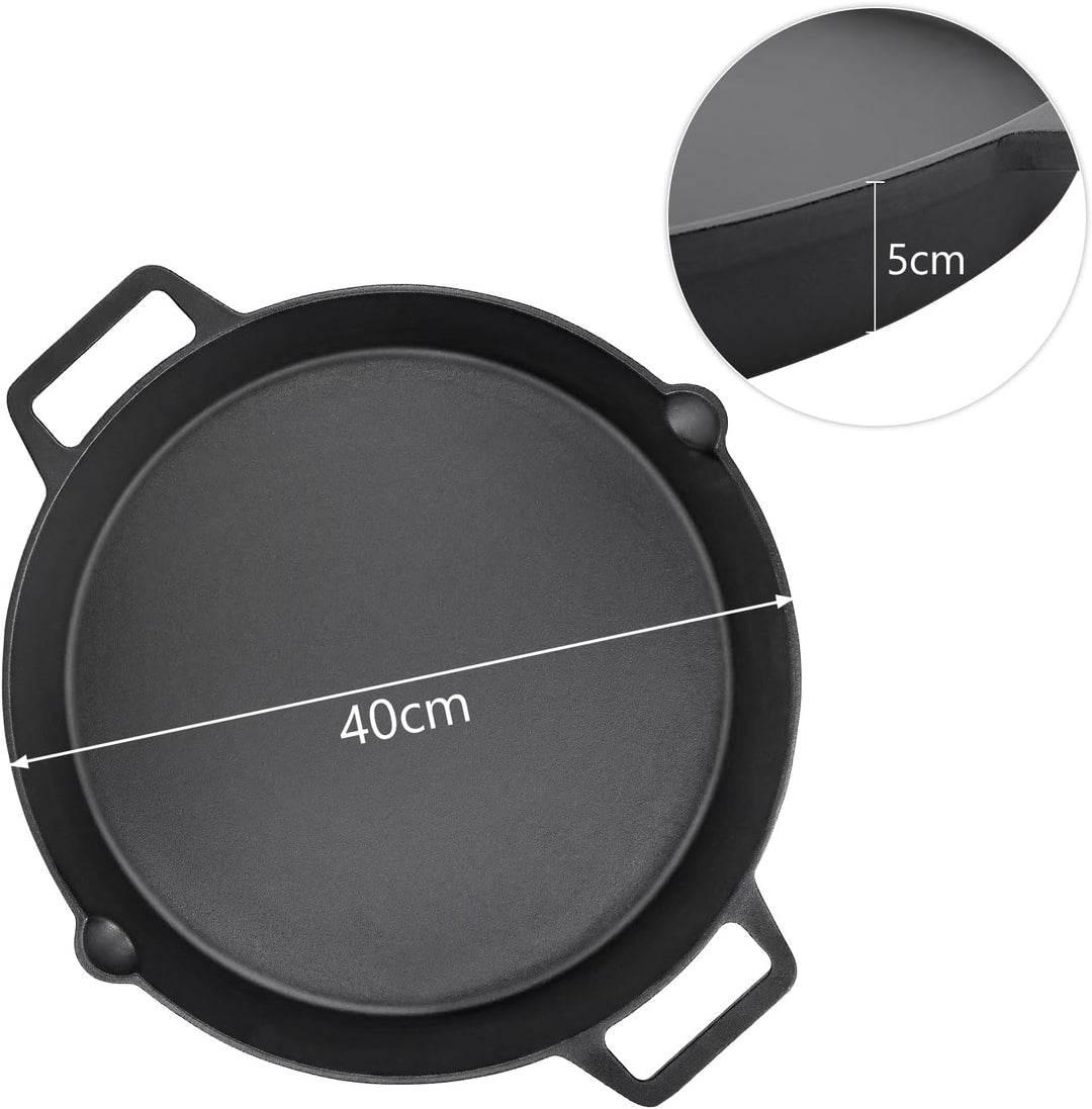 Denmay Ø 40cm Universal Gusseisen Grillpfanne, gross rund Gusspfanne mit zwei Griffe und zwei Ausgie