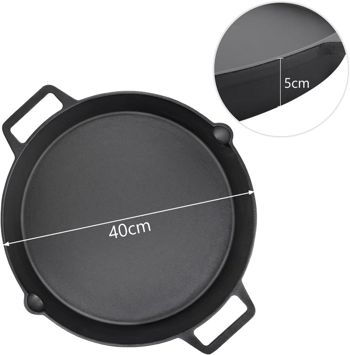 Denmay Ø 40cm Universal Gusseisen Grillpfanne, gross rund Gusspfanne mit zwei Griffe und zwei Ausgie