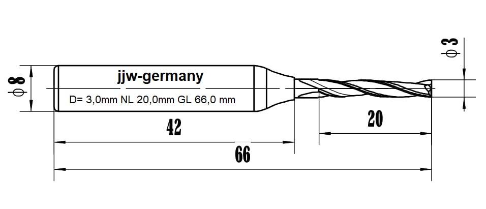 jjw-germany VHM - Spiralnutfräser Nutfräser Z= 2 für Hand Oberfräse mit Stahlschaft 8,0mm (D= 3,0 mm