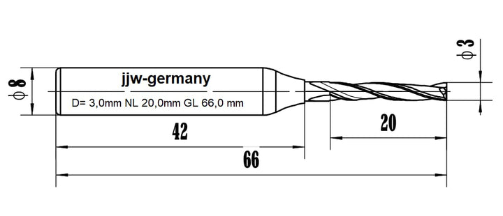 jjw-germany VHM - Spiralnutfräser Nutfräser Z= 2 für Hand Oberfräse mit Stahlschaft 8,0mm (D= 3,0 mm