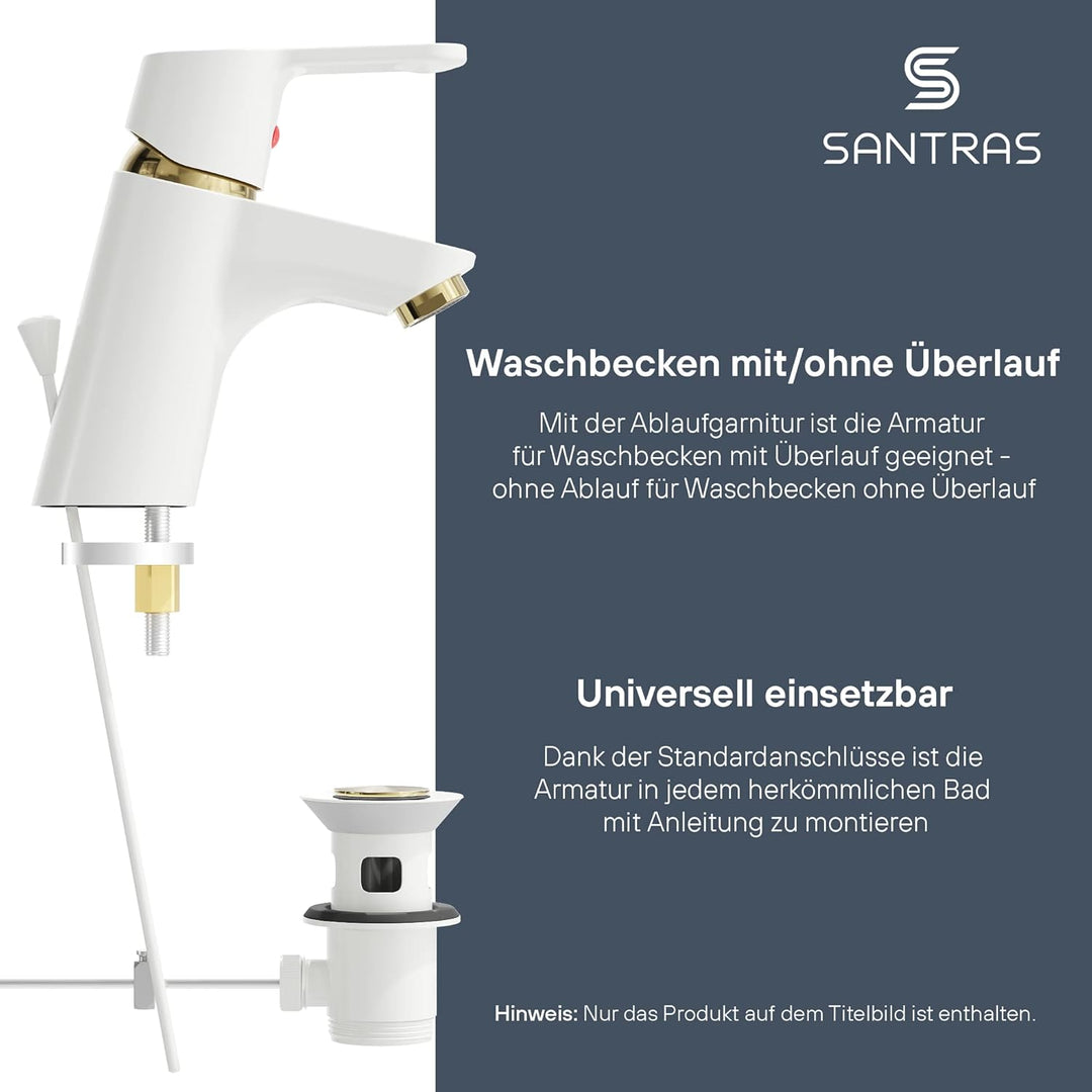 SANTRAS® Waschtischarmatur Bad in Weiss (RAL 9003)/ Gold mit Zugstange & Exzenter Ablaufgarnitur – E