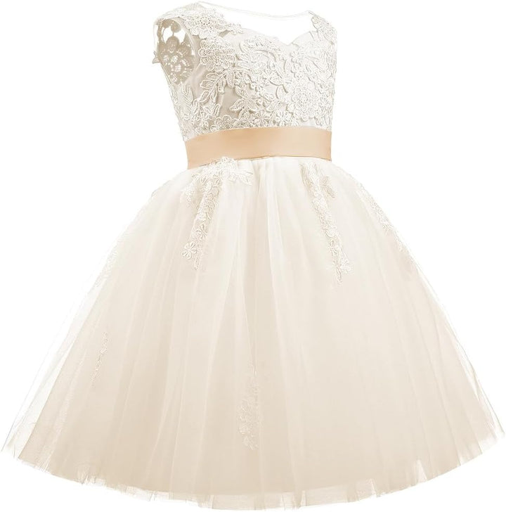 PLWEDDING Spitze V zurück Tüll Blumenmädchen Kleid Junior Mädchen Brautjungfer Hochzeit Partykleider