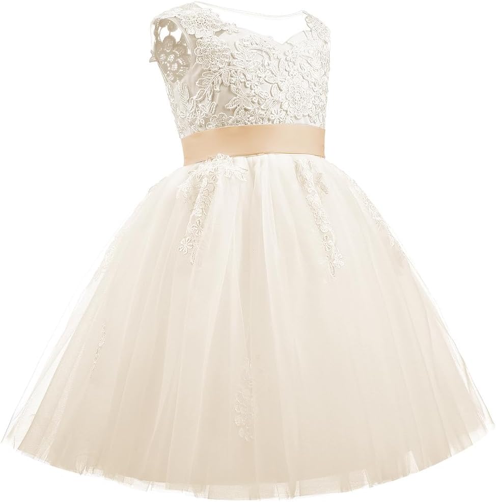 PLWEDDING Spitze V zurück Tüll Blumenmädchen Kleid Junior Mädchen Brautjungfer Hochzeit Partykleider