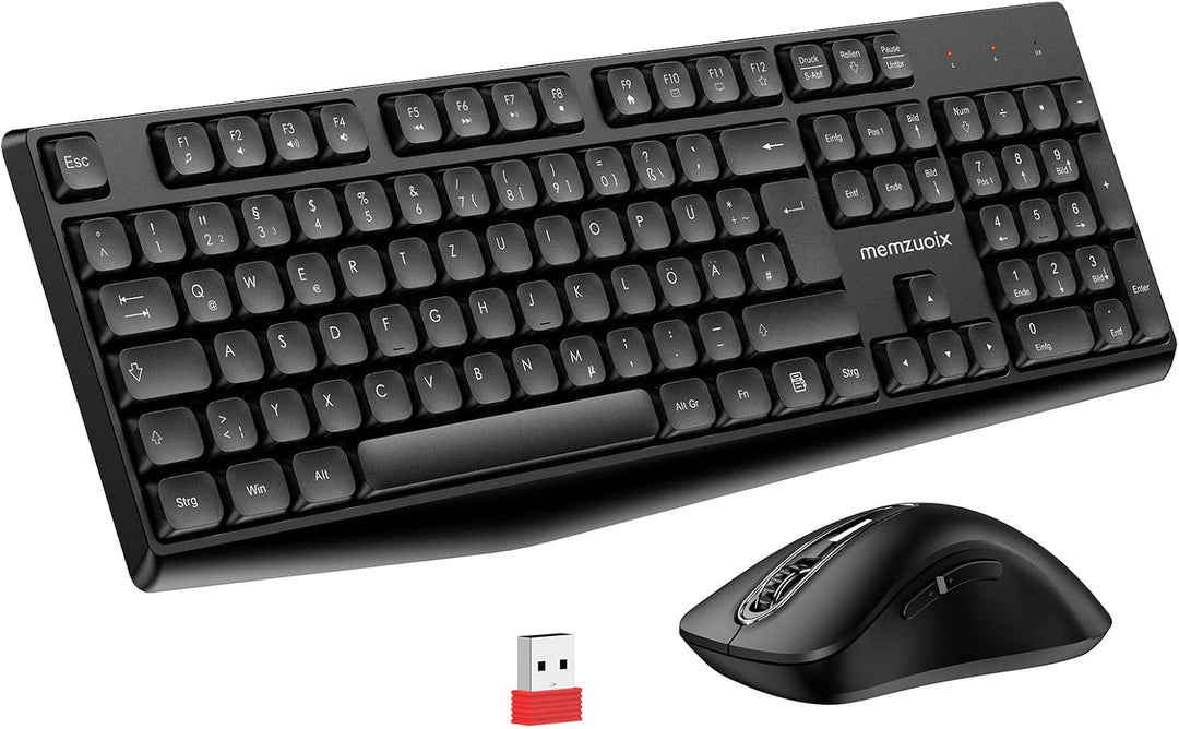 QWERTZ Kabelloses Tastatur Maus Set, Full Size 105-Tasten Tastatur mit Nummernblock, 2.4GHz Funk mit