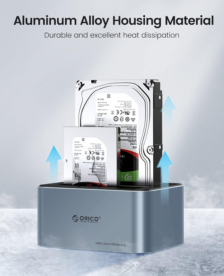ORICO Aluminium Dual Festplatten Dockingstation, USB 3.2 Gen 2 Docking Station für SATA 2,5/3,5 Zoll