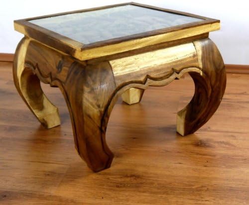 livasia Opiumtisch, Kaffeetisch, Couchtisch, Massivholztisch mit Schnitzerei u. Glasplatte (Natur),