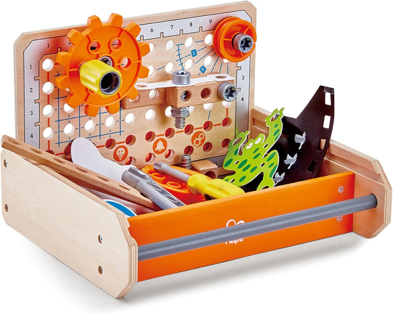 Hape Junior Inventor Tüftler Werkzeugkasten Experimentierset, Mint-Spielzeug, ab 4 Jahre 30 x 8,7 x