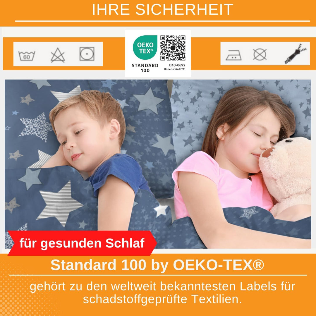 Aminata kids Bettwäsche 135x200 Sterne blau Baumwolle Stern-Motiv, Reissverschluss weich &amp; atmungsak