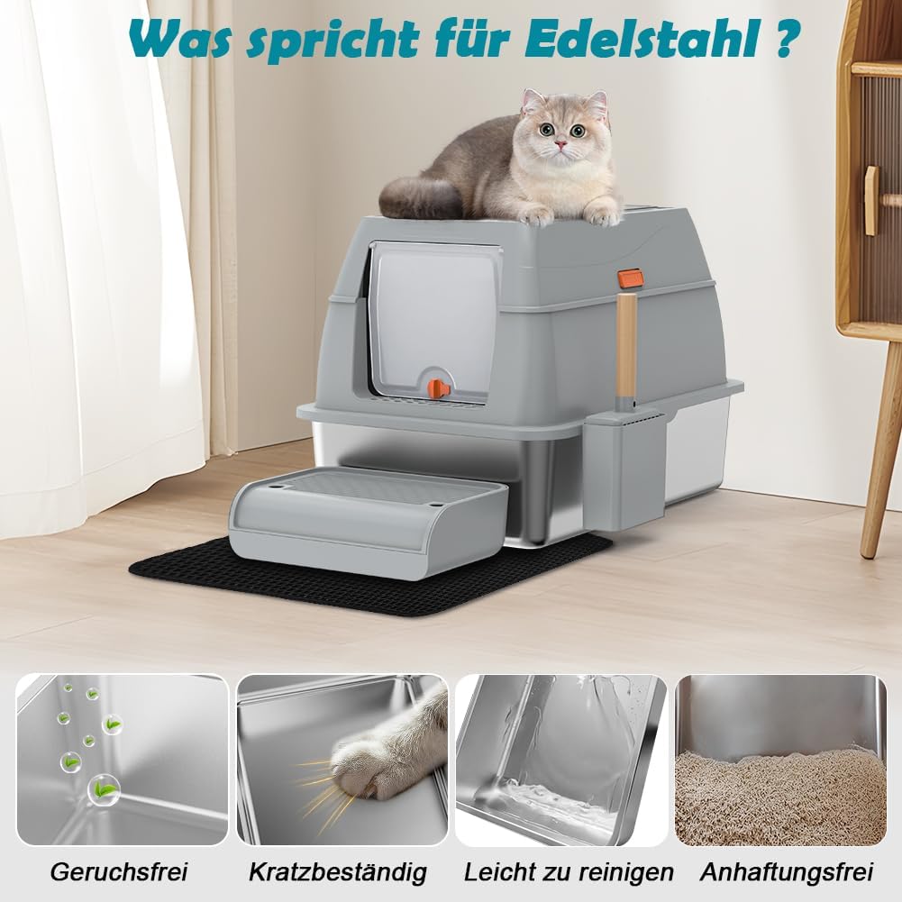 Katzenklo Edelstahl XL, Gross Edelstahl Katzentoilette mit Deckel, Stainless Steel Cat Litter Box, G