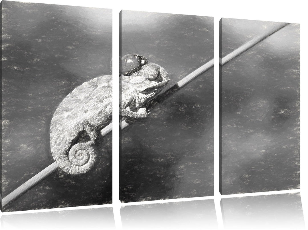 Pixxprint Gecko mit einem Marienkäfer / 3-Teilig/Gesamtmass 120cm Leinwandbild bespannt auf Holzrahm