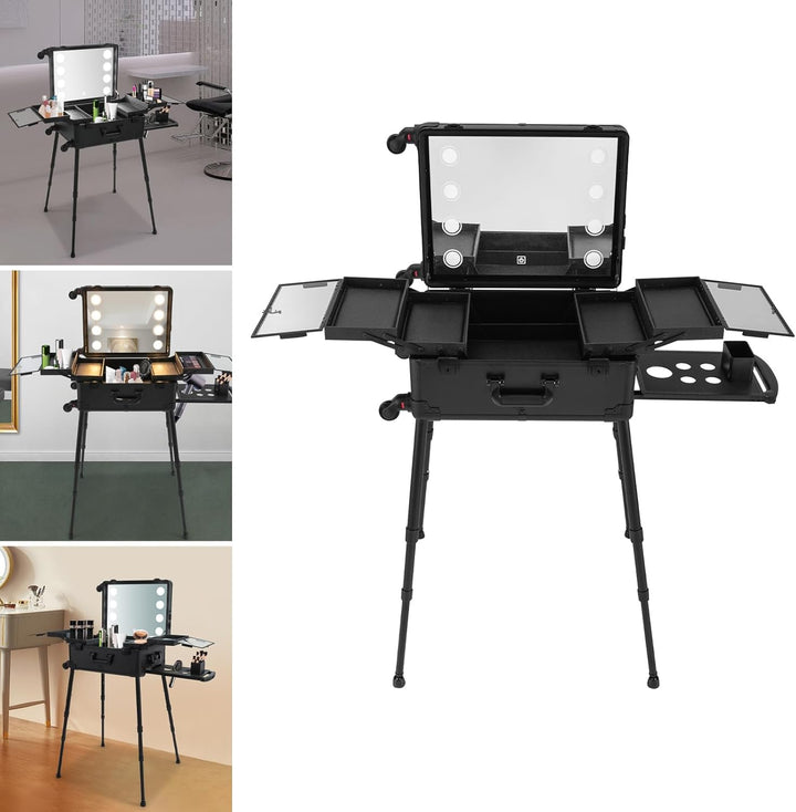Profi Kosmetikkoffer Trolley, Multifunktional Schminkkoffer, Make Up Koffer mit Spiegel und LED Lich