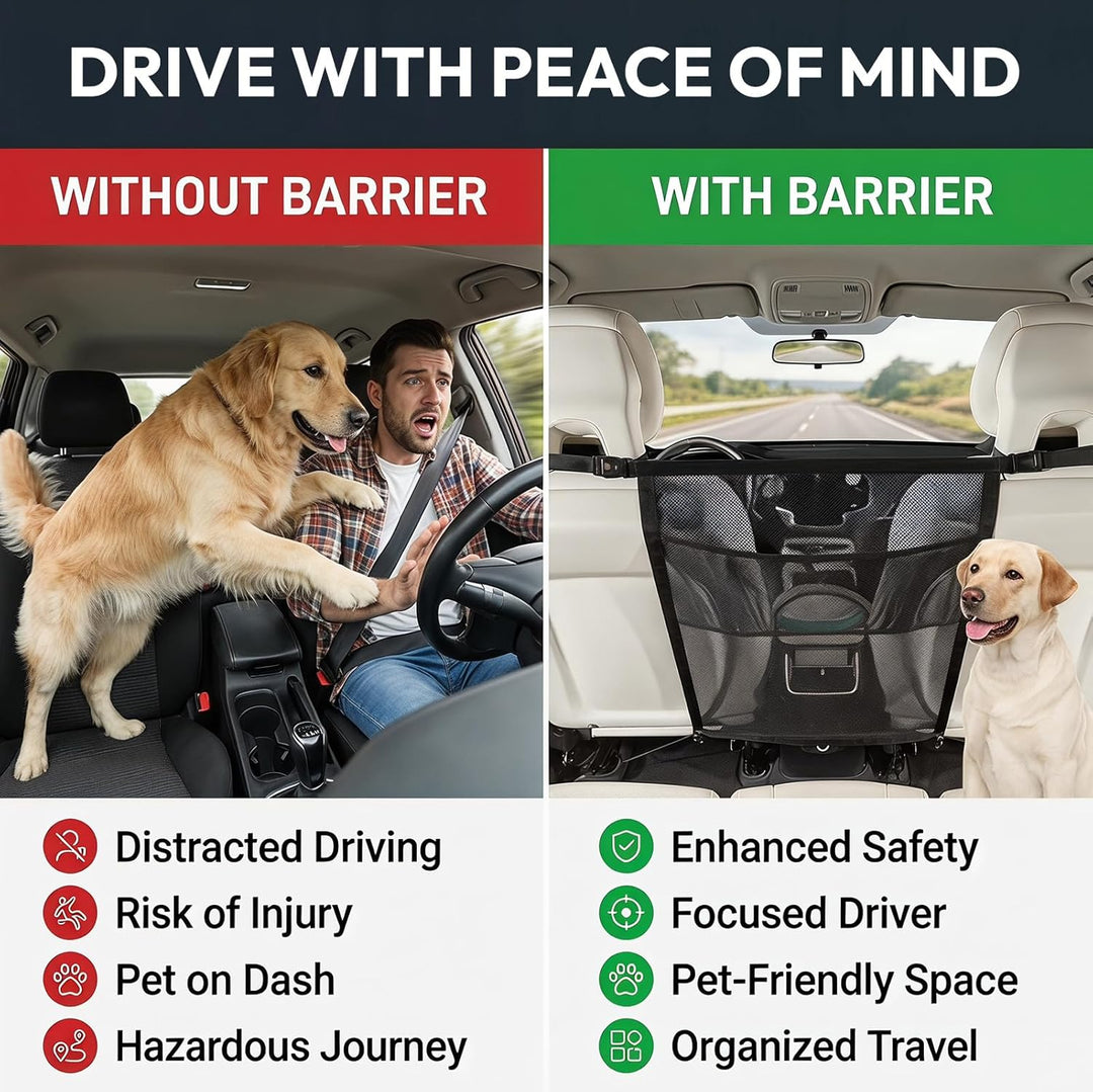 Hundegitter Auto Mit Aufbewahrungstaschen, Trennnetz Hund - Hundenetz für Vordersitz, Auto-Netz-Orga