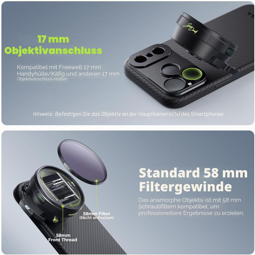 Freewell 1,33-faches anamorphes Objektiv für iPhone und Samsung – 3 Flare-Farben in einem Objektiv (