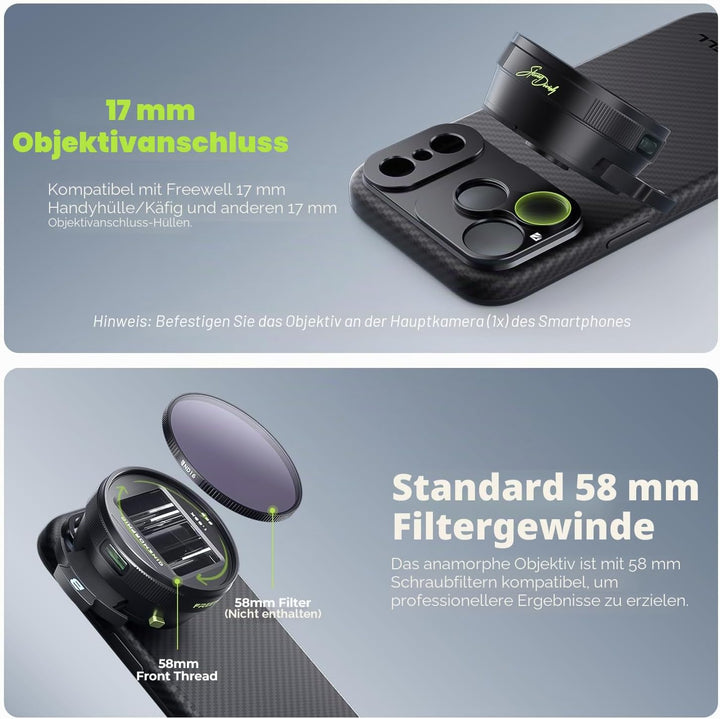 Freewell 1,33-faches anamorphes Objektiv für iPhone und Samsung – 3 Flare-Farben in einem Objektiv (