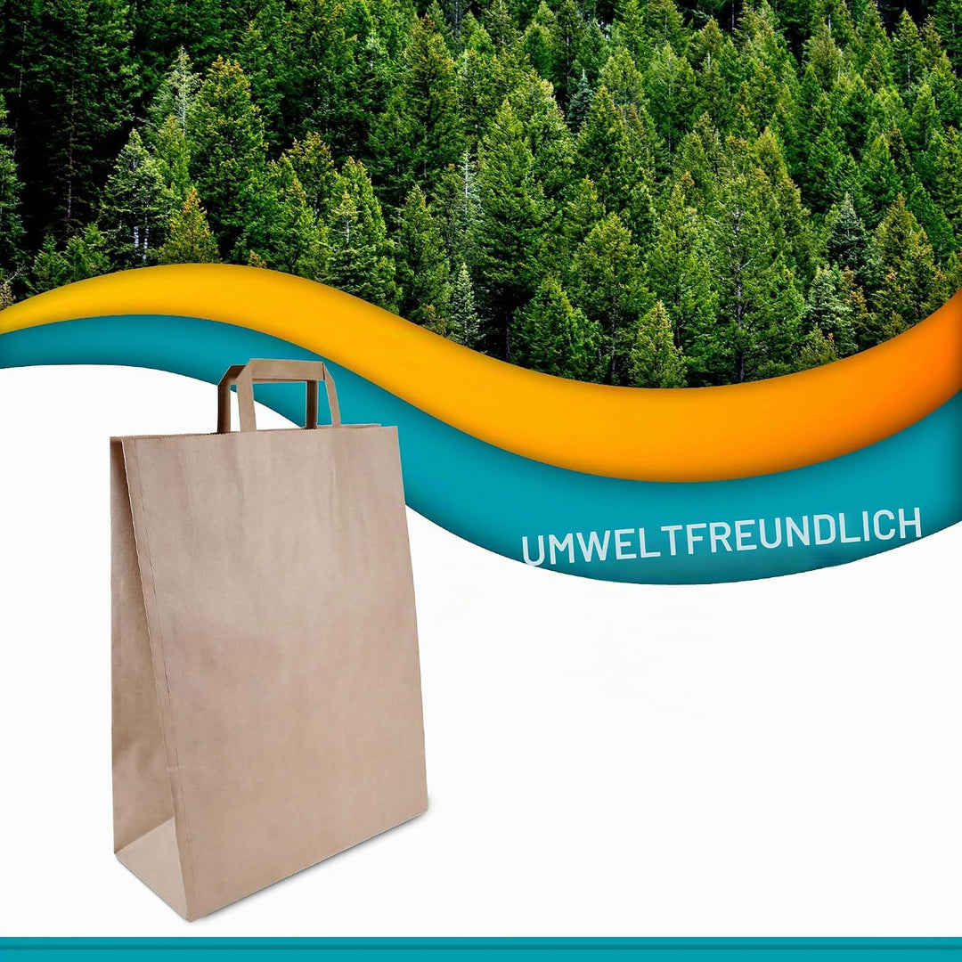 Commerline Papiertüten 250 Stück, Braun, 32+16x44 cm | Kraftpapier Tüten Klein Mit Henkel | Tragetas