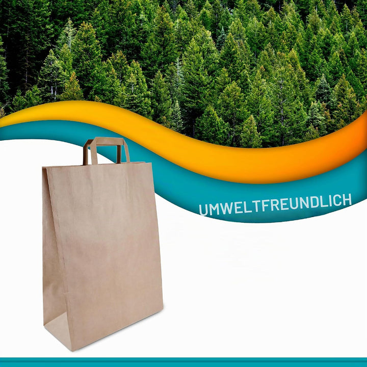Commerline Papiertüten 250 Stück, Braun, 32+16x44 cm | Kraftpapier Tüten Klein Mit Henkel | Tragetas