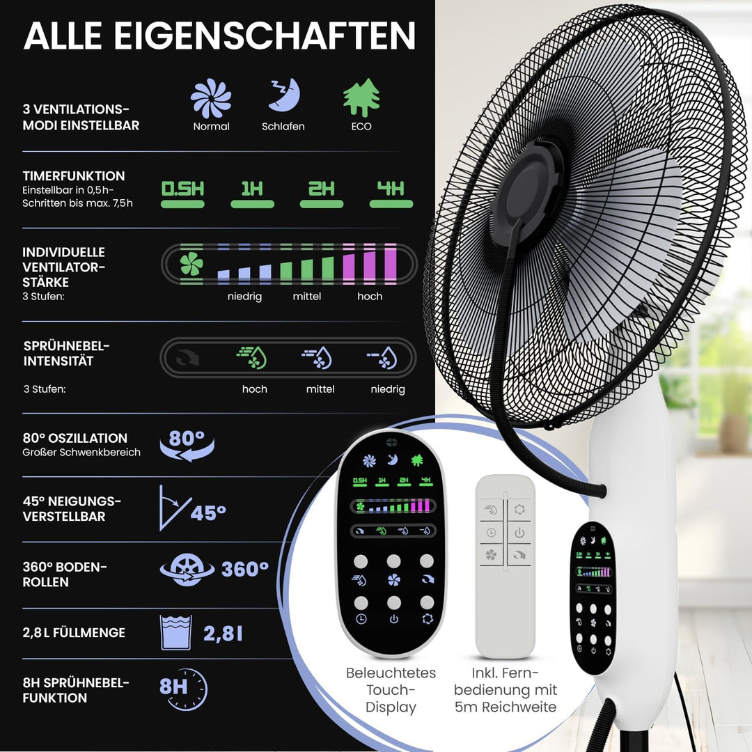 NEU Ventilator mit Wasserkühlung, Standventilator sehr leise mit Fernbedienung, Luftkühler mit Timer
