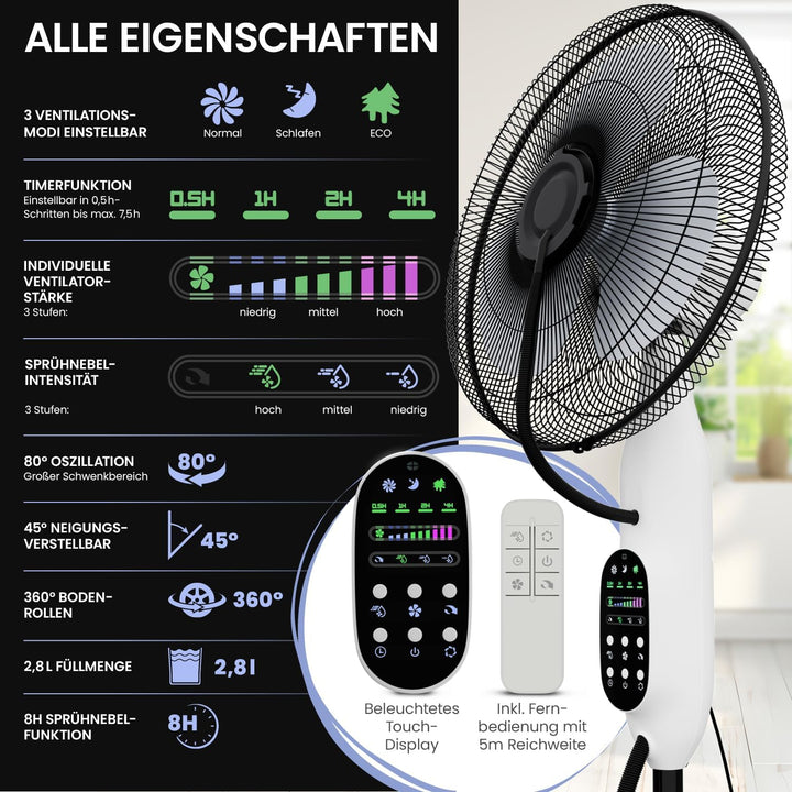NEU Ventilator mit Wasserkühlung, Standventilator sehr leise mit Fernbedienung, Luftkühler mit Timer