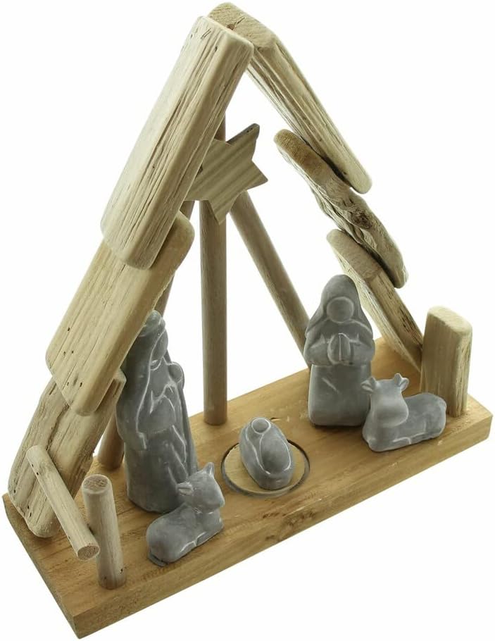 Dekoleidenschaft Weihnachtskrippe mit LED Beleuchtung, Krippenstall aus Buchenholz, Figuren aus Beto