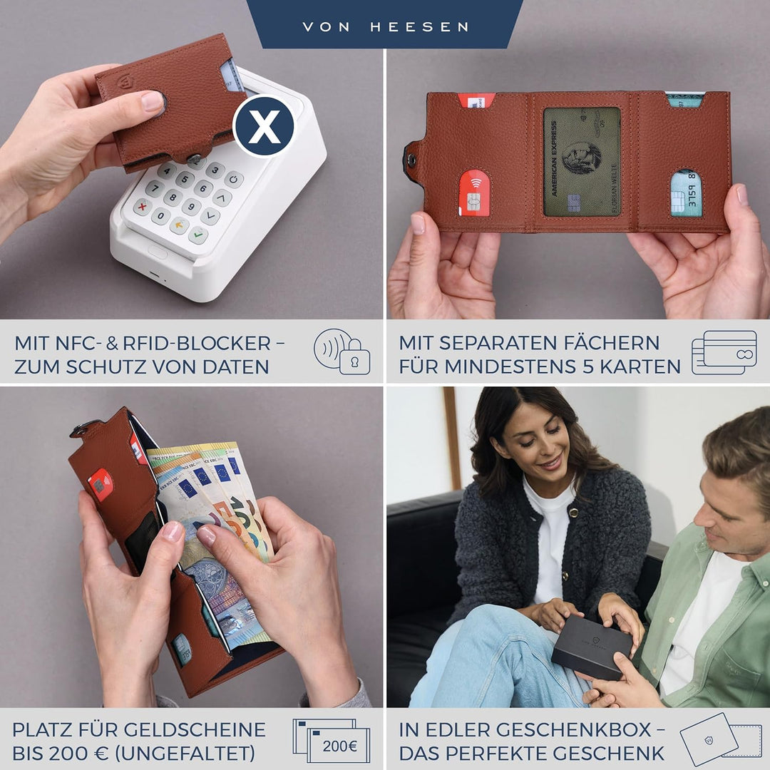 VON HEESEN Slim Wallet mit Münzfach &amp; RFID-Schutz - Leder Geldbeutel - Mini Geldbörse für Herren und