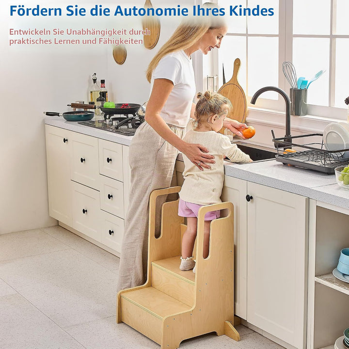 Bateso Tritthocker für Kinder, grosser Tritthocker aus Holz für Kleinkinder mit Griffen und rutschfe