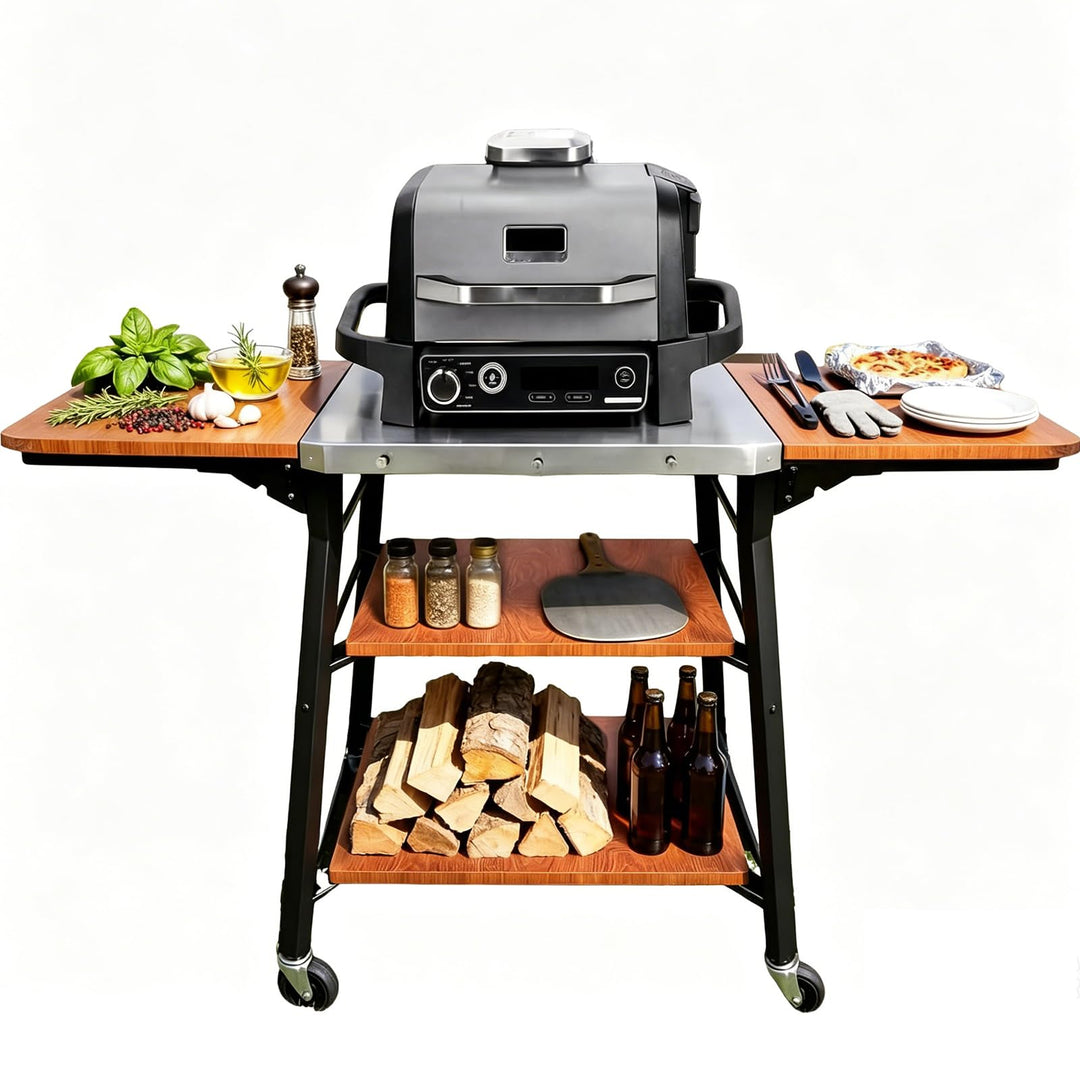 GFTIME Grillwagen mit Edelstahl-Arbeitsplatte, BBQ Wagen mit 2 klappbaren Seitenablagen & 2 Ablagebö