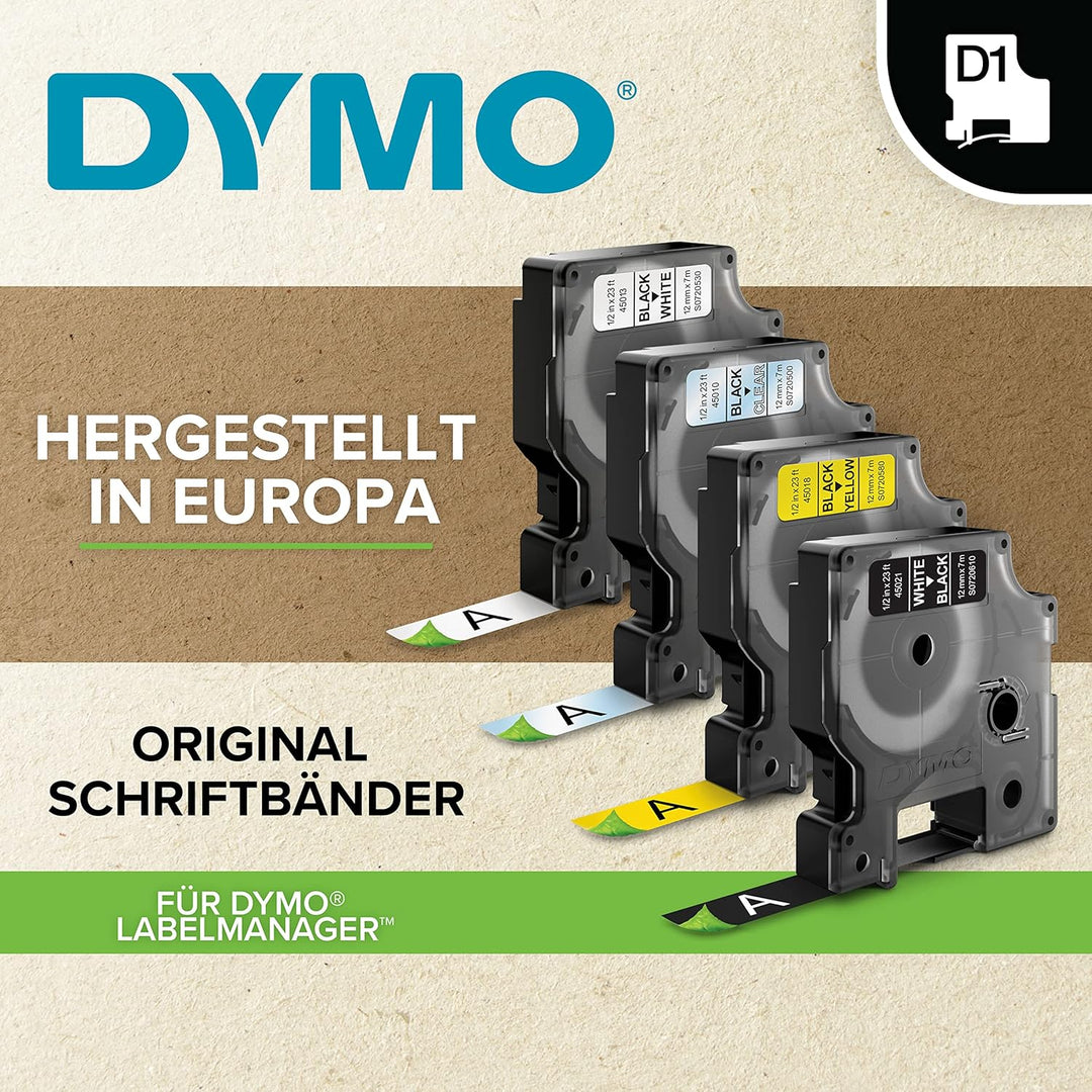 DYMO Original D1-Etikettenband | schwarz auf weiss | 12 mm x 7 m | selbstklebendes Schriftband | für