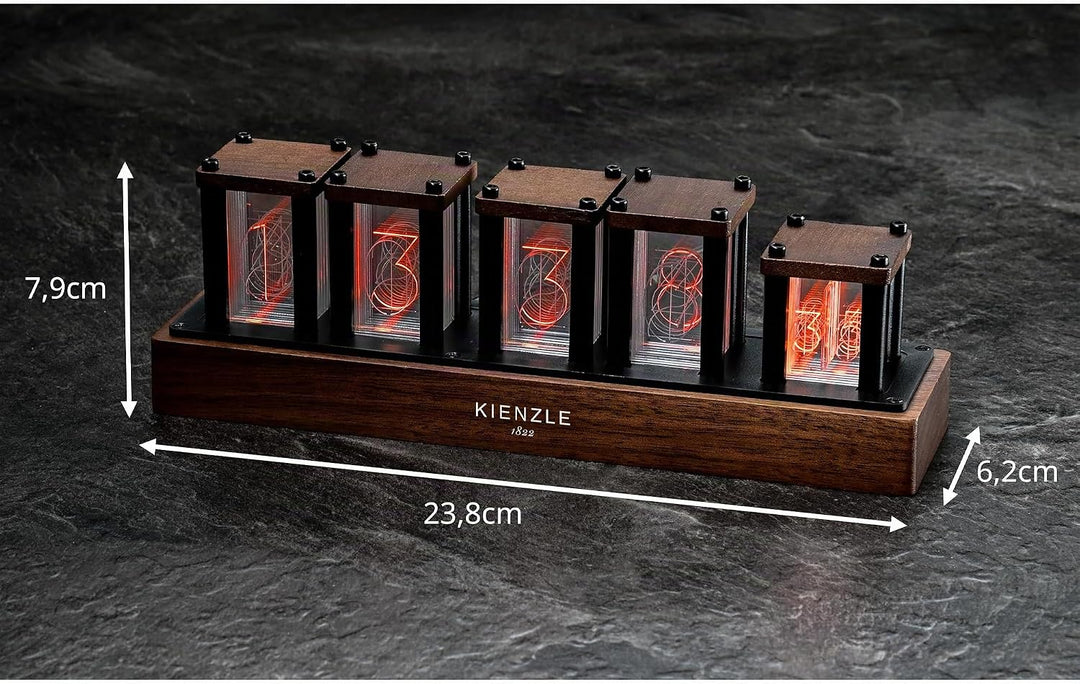 Kienzle LED-Nixie-Uhr mit RGB-Beleuchtung in 1.600 Farben, Echt­Holz, 6 Anzeigemodi, vormontiert, US