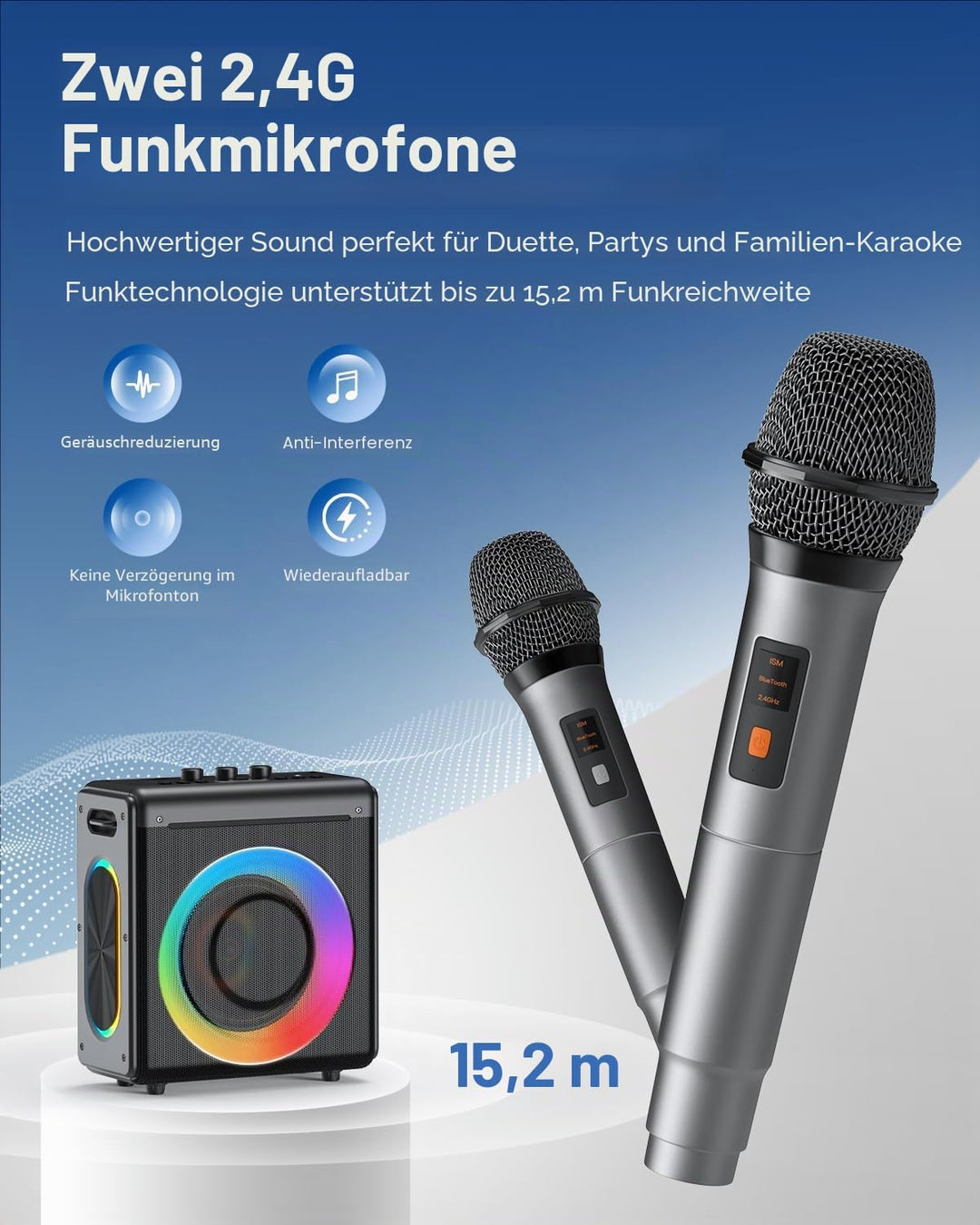 Karaoke Maschine mit 2 mikrofonen, wiederaufladbaren Mikrofonen: Tragbarer Bluetooth-Lautsprecher fü