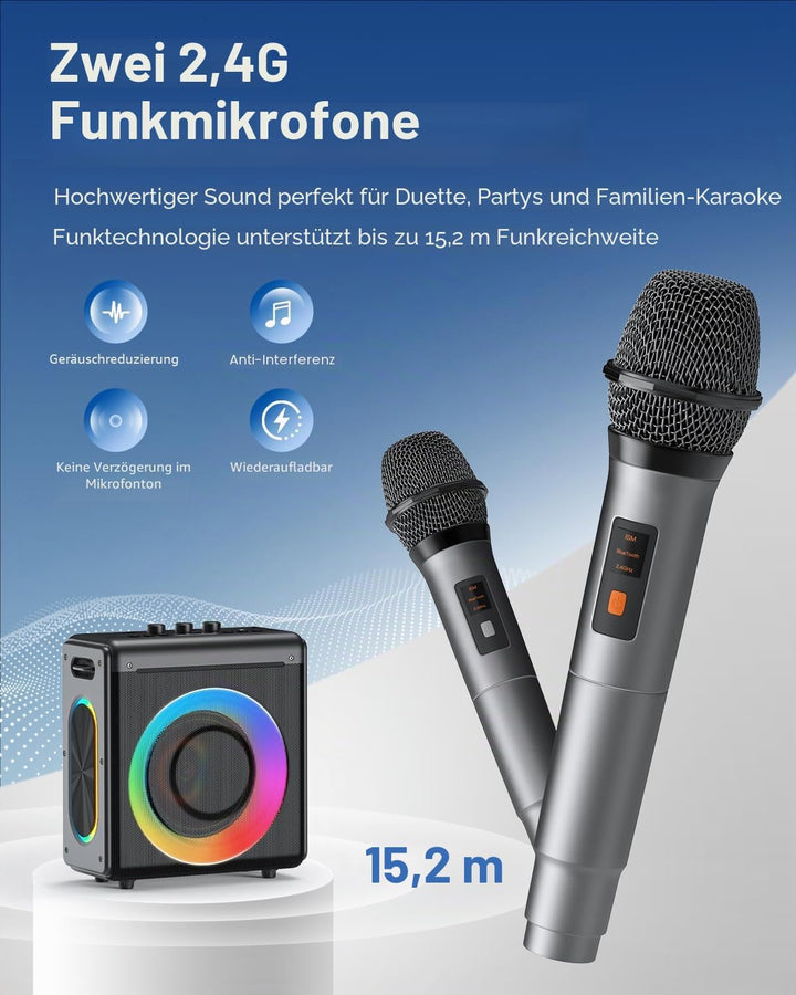 Karaoke Maschine mit 2 mikrofonen, wiederaufladbaren Mikrofonen: Tragbarer Bluetooth-Lautsprecher fü