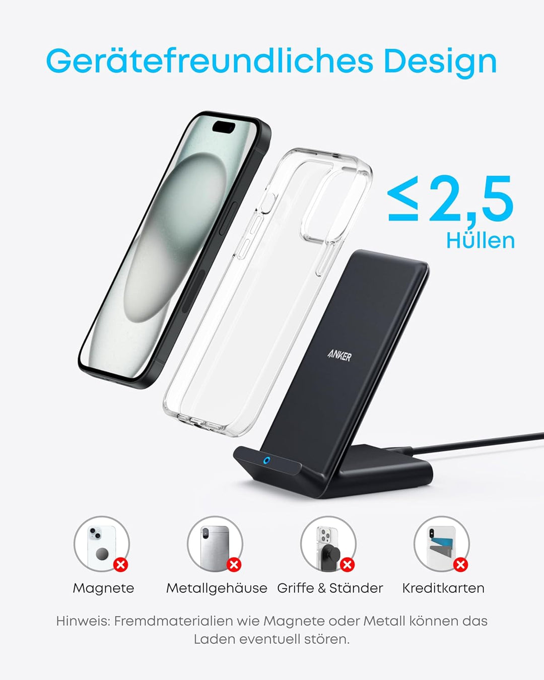 Anker 313 Induktive Ladestation, Qi-zertifiziert, Geeignet für iPhone 16 / 15 / 15 Pro / 15 Pro Max,