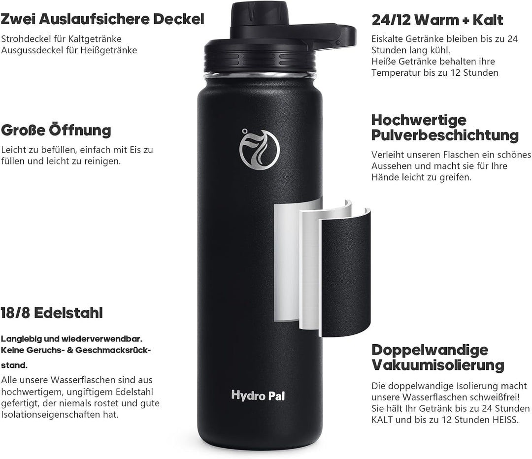 HydroPal Edelstahl Trinkflasche - 750ml, 1L, 1,2L, BPA-Frei, Kohlensäure geeignet, Isolierte Thermos