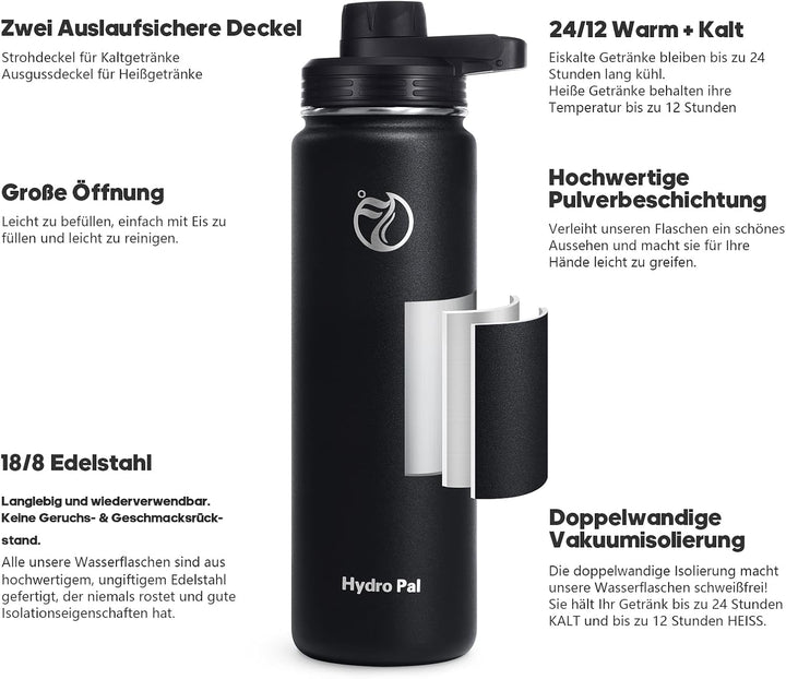 HydroPal Edelstahl Trinkflasche - 750ml, 1L, 1,2L, BPA-Frei, Kohlensäure geeignet, Isolierte Thermos